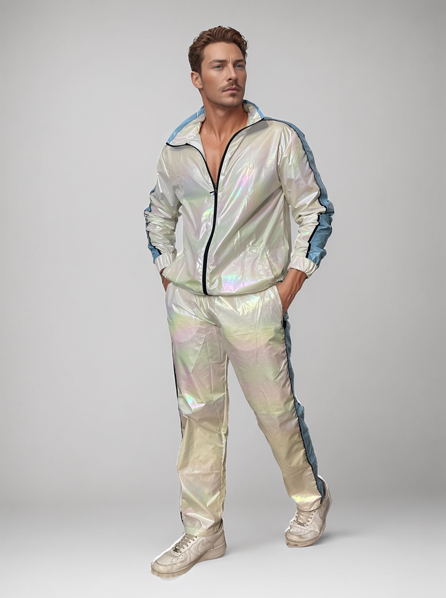 PU-Holographic Tracksuit – Weiß mit Sky-Blue and Black Accents