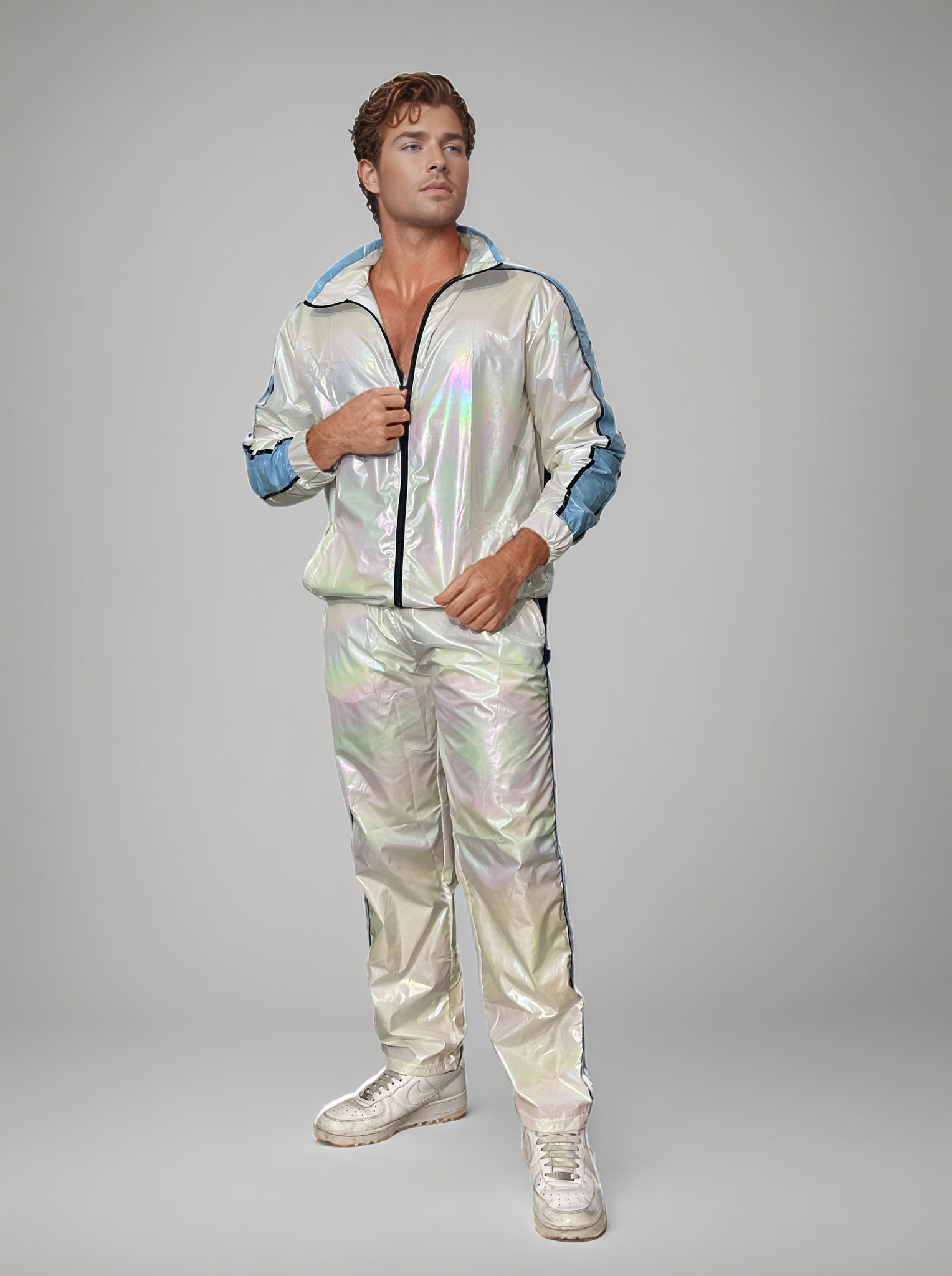 PU-Holographic Tracksuit – Weiß mit Sky-Blue and Black Accents