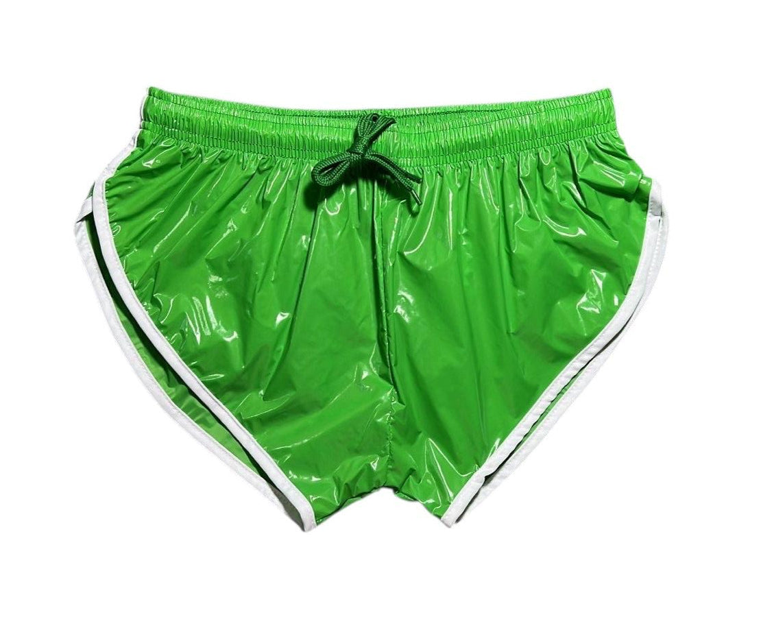 PU Nylon Grün weiß High Cut Sport Sprint Shorts mit Gummizug Retro Shorts