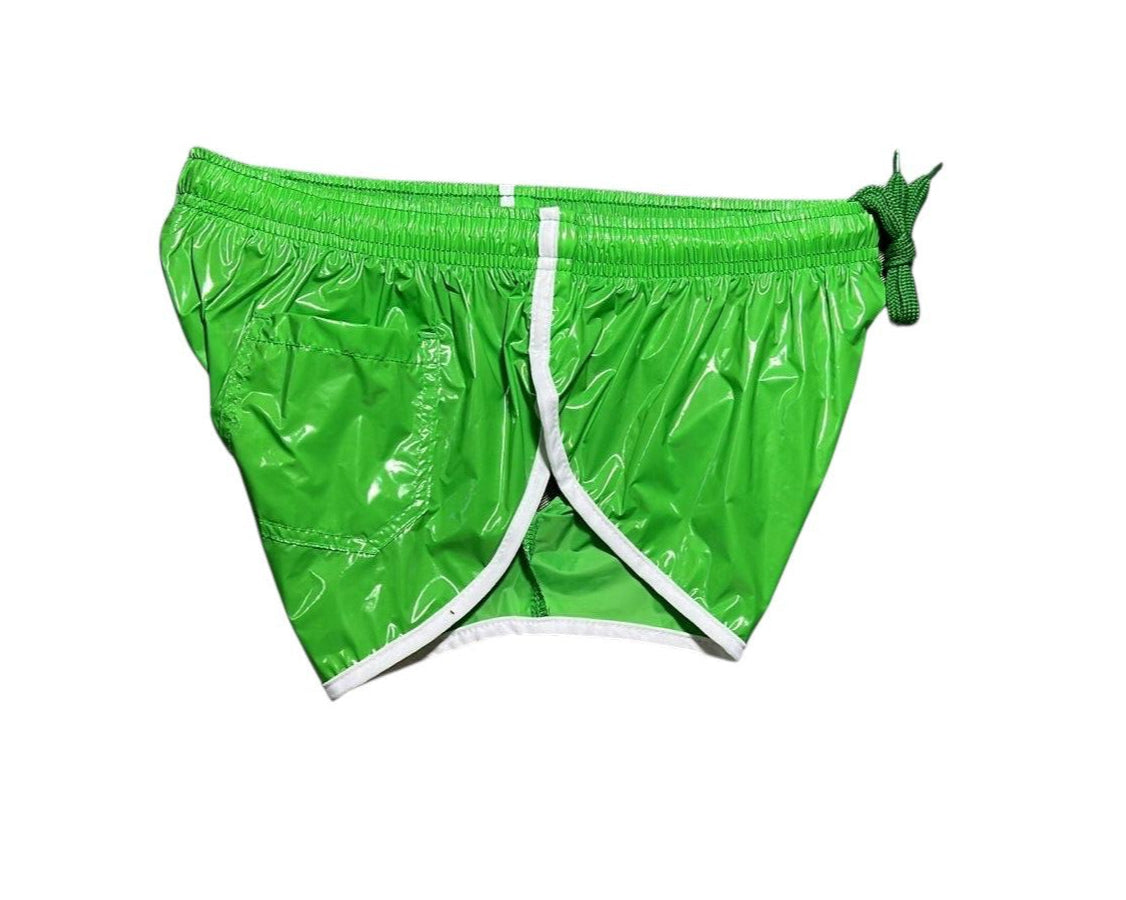 PU Nylon Grün weiß High Cut Sport Sprint Shorts mit Gummizug Retro Shorts