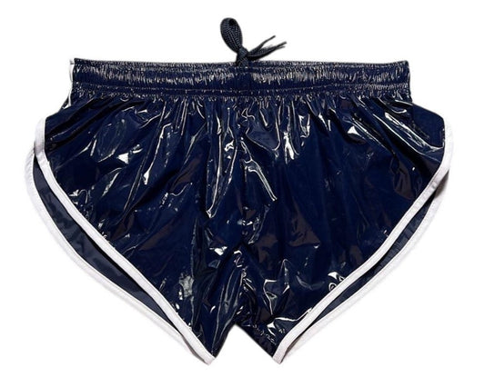 PU Nylon Dunkelblaue High Cut Sport Sprint Shorts mit Gummizug Retro Shorts