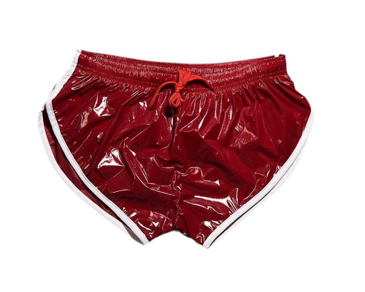 PU Nylon Dunkelrot High Cut Sport Sprint Shorts mit Gummizug Retro Shorts