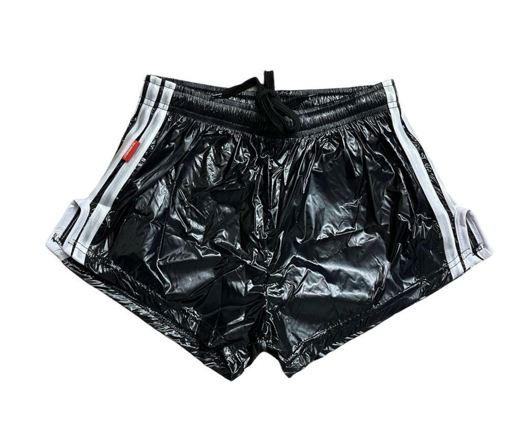 Schwarze PU Nylon Sport Sprint Shorts mit Gummizug Retro Shorts